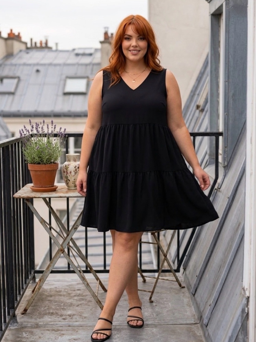 Black V-Neck Tiered Swing Dress - Women